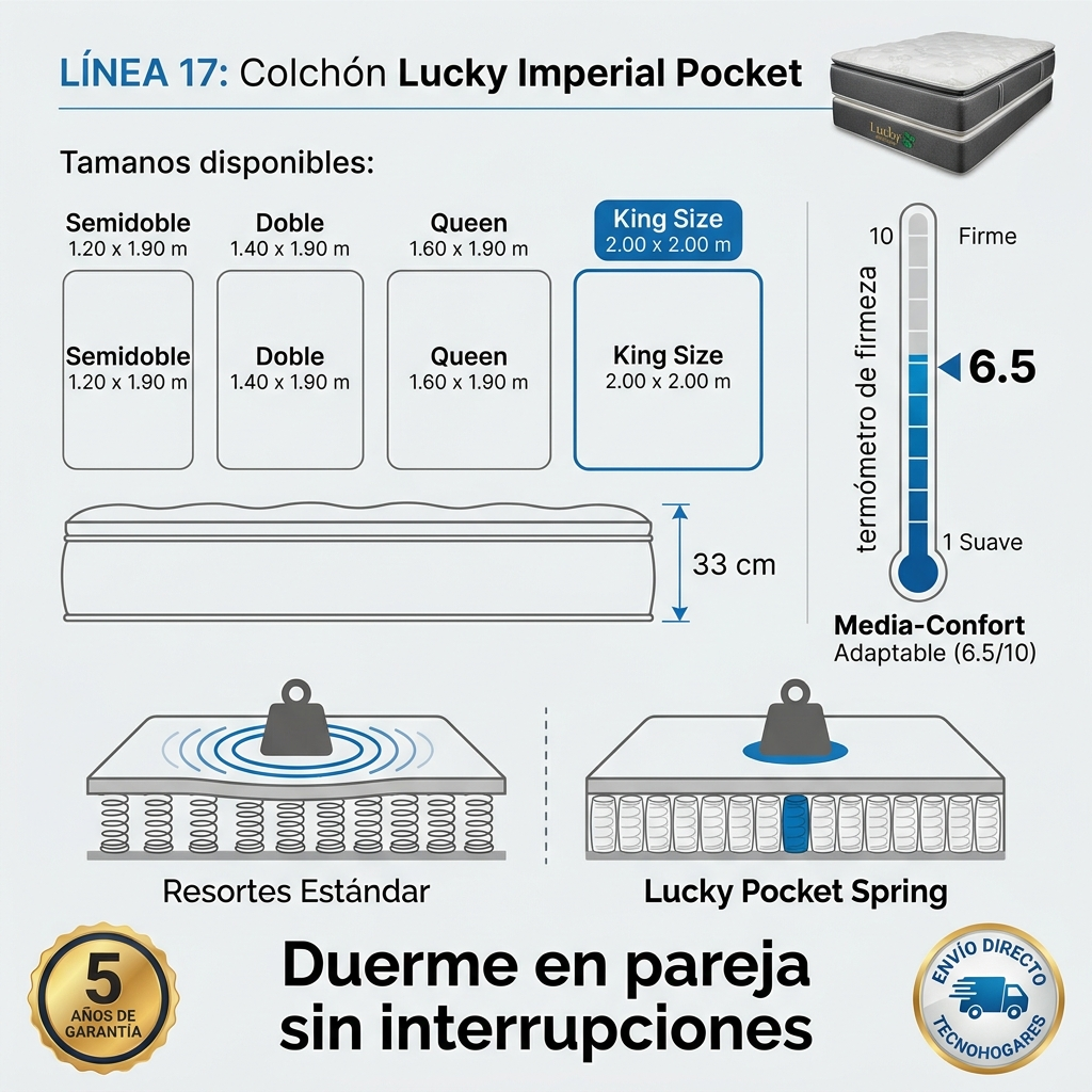 Colchón Lucky Imperial Pocket Resortes Independientes 33 cm - Imagen 5