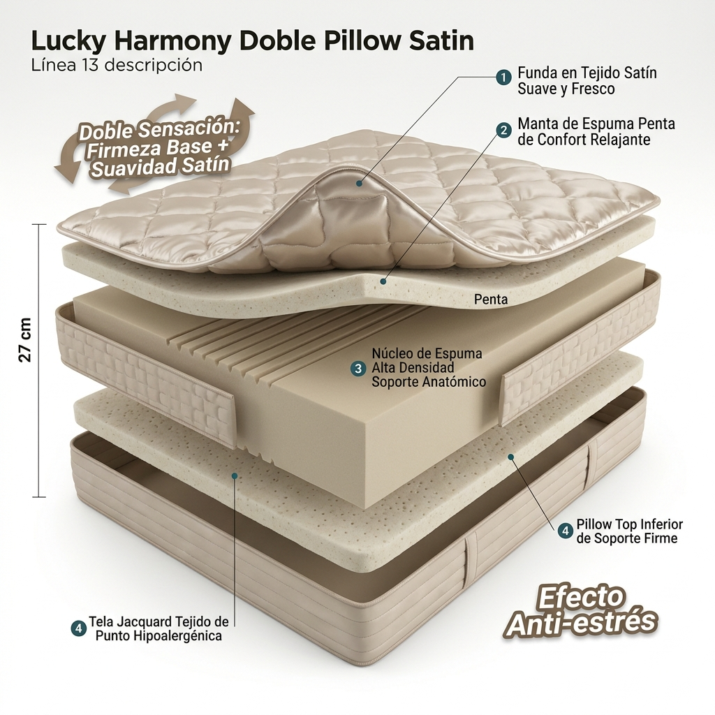 Colchón Lucky Harmony Doble Pillow Satín D-Alta + Penta 27 cm - Imagen 4