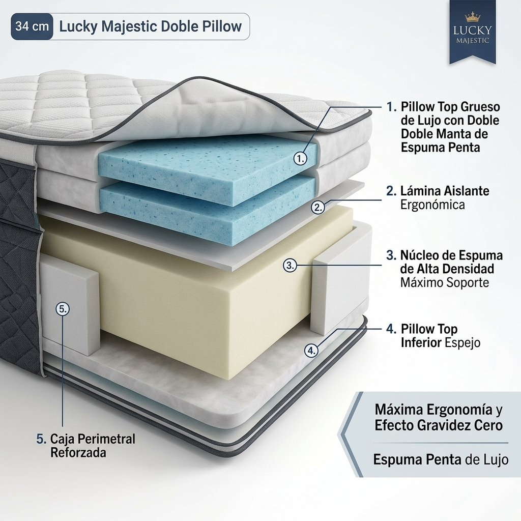 Colchón Lucky Majestic Doble Pillow Original Tejido Punto 34 cm - Imagen 4